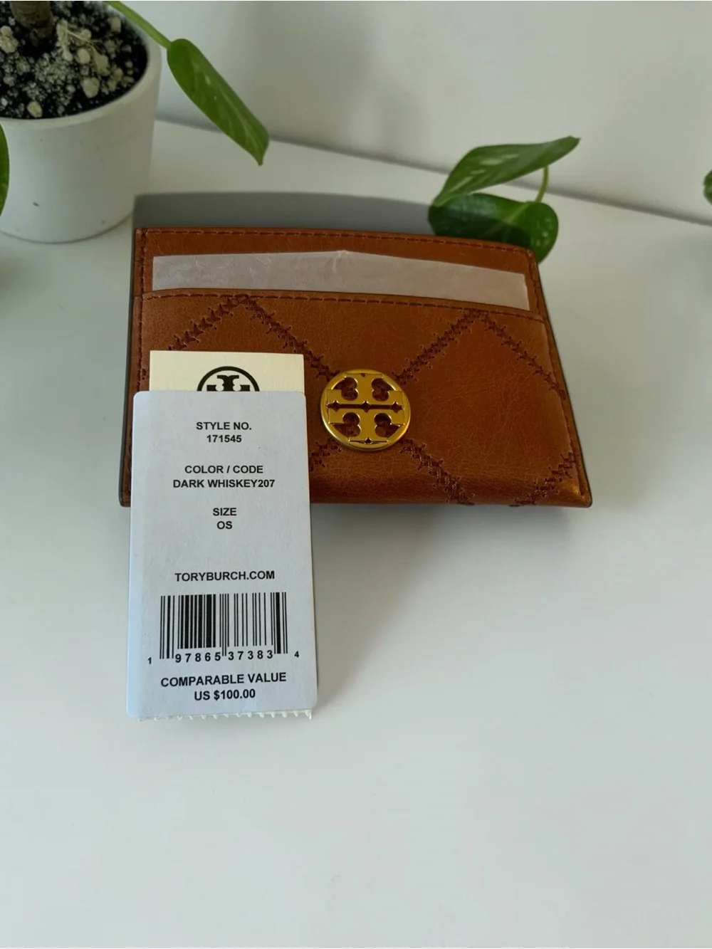 TORY BURCH KIRA DIAMOND QUILT CARD CASE W/DUST BAG DARK WHISKEY NWT